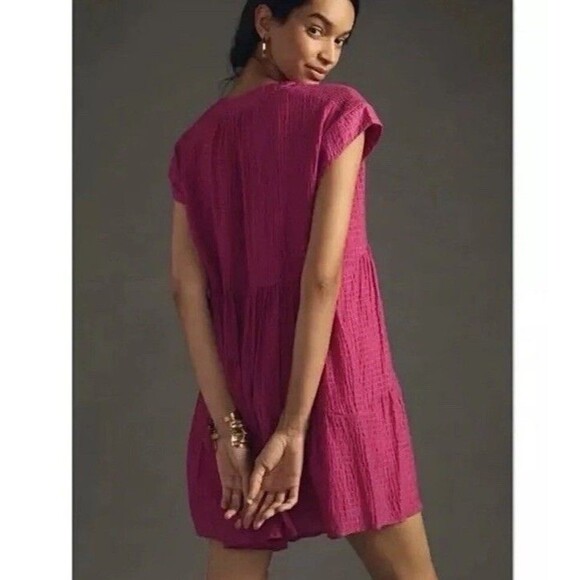 Anthropologie Maeve Juliet Tiered Tunic Mini Dress‎ Size MP fushia Boho - Picture 2 of 14